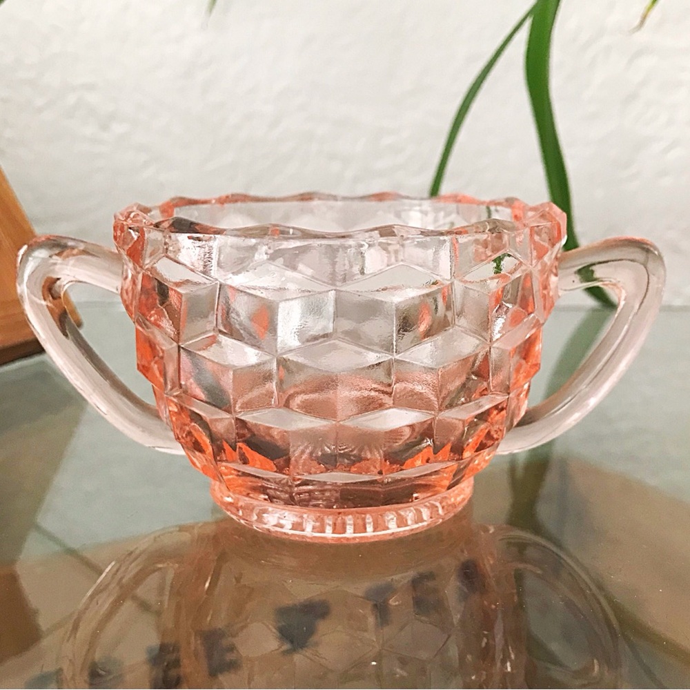 Vintage 1930s Jeannette Glass Pink Depression Glass Cube Cubist Sugar Bowl